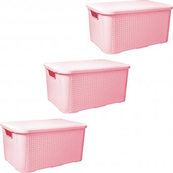 3 Caixa Organizadora Cesto Multiuso 18 Litros Criança Com Tampa Empilhavel Rattan ROSA