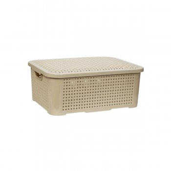 Caixa Organizadora Multiuso Cesto Rattan 10 Litros com tampa empilhável Capuccino