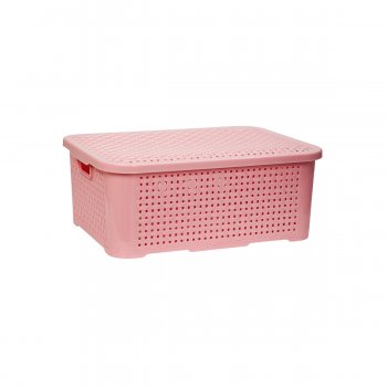Caixa Organizadora Multiuso Cesto Rattan 10 Litros com tampa empilhável Rosa