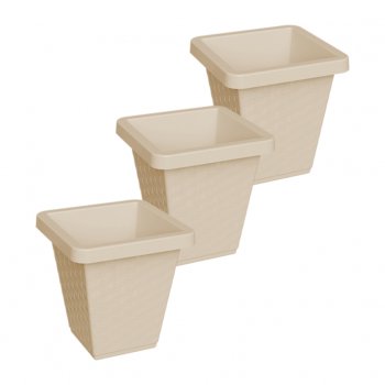 Kit 03 Vasos Rattan Quadrado De Flor De Plástico 14 Litros Vaso Reforçado Para Flores Jardim Decoração Capuccino