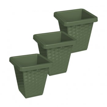 Kit 03 Vasos Rattan Quadrado De Flor De Plástico 14 Litros Vaso Reforçado Para Flores Jardim Decoração Verde