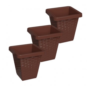 Kit 03 Vasos Rattan Quadrado De Flor De Plástico 14 Litros Vaso Reforçado Para Flores Jardim Decoração Marrom