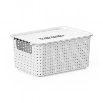 Caixa Organizadora Rattan Empilhavel Cesto Multiuso Com Tampa 3 Litros N01 Preto Marrom Branco