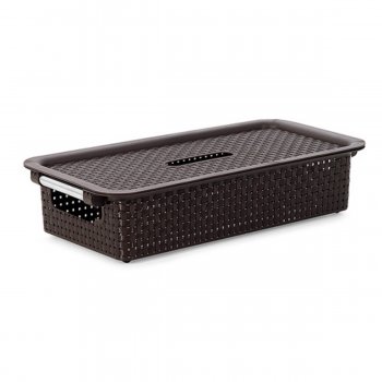 Caixa Organizadora Rattan Empilhavel Cesto Multiuso Com Tampa 6 Litros N02 Preto Marrom Branco