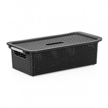 Caixa Organizadora Rattan Empilhavel Cesto Multiuso Com Tampa 8 Litros N03 Preto Marrom Branco