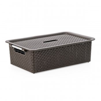 Caixa Organizadora Rattan Empilhavel Cesto Multiuso Com Tampa 18 Litros N05 Branco Preto Marrom