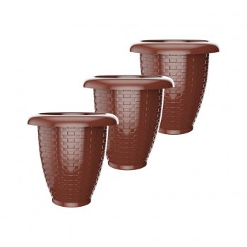 Kit com 3 Vasos Rattan Para Flores Jardim Preto Marrom Bege Cinza 11 Lts Marrom
