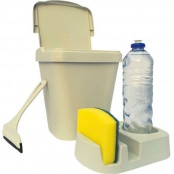 Kit Pia 3 Peças Lixeira 4,8 Litros porta detergente Esponja Bucha Sabão e Rodinho Organizador Premium Bege