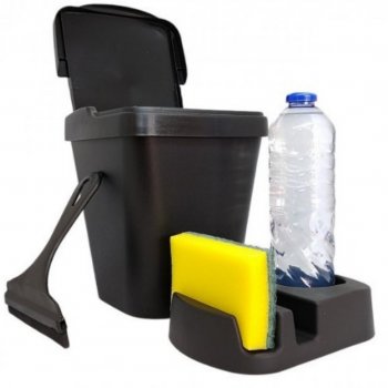 Kit Pia 3 Peças Lixeira 4,8 Litros porta detergente Esponja Bucha Sabão e Rodinho Organizador Premium Preto